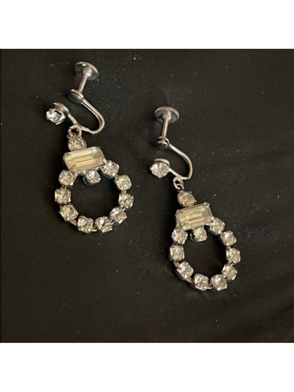 Rhinestone vintage screw back dangle drop silver tone earrings